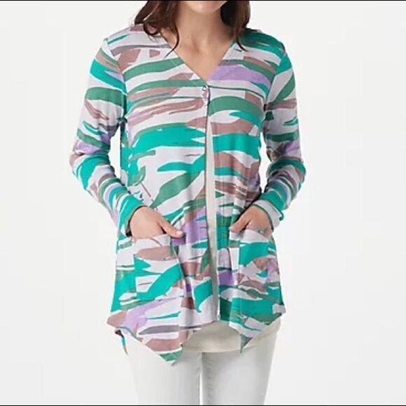 LOGO by Lori Goldstein Printed Cotton Modal Sweater Knit Cardigan - Picture 1 of 3